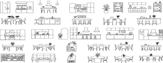 Kitchen and dining room furniture top view. Set of architectural elements for interior design of house, apartment, office. Interior icon, equipment, tables, chairs, sink. Furniture symbol set. 