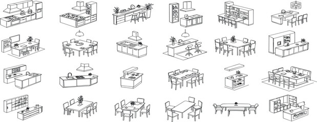 Kitchen and dining room furniture top view. Set of architectural elements for interior design of house, apartment, office. Interior icon, equipment, tables, chairs, sink. Furniture symbol set. 