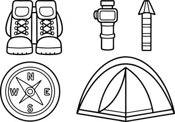 Camping Gear Boots, Telescope, Compass, Tent, and Arrow Line Art