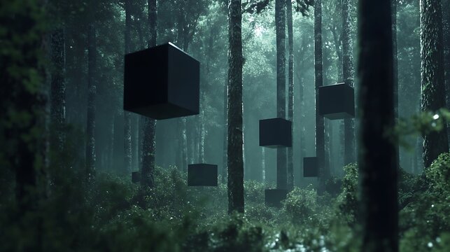 Black Cubes Floating in Forest.