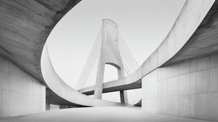 Modern architectural marvel in grayscale. Curved concrete structures frame a bridge, emphasizing design and lines