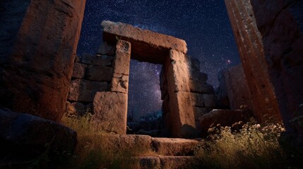 Ancient Stone Gateway Under a Starry Night Sky Mystical Ruins and Celestial Wonders