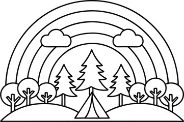 Outline Rainbow Over Trees Clouds And Tent On Transparent Background