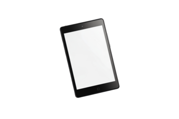 Black tablet computer with blank white screen isolated on black background