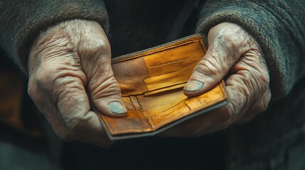 Obraz premium Elderly Hands Holding an Empty Worn-Out Wallet, Close-up of elderly hands holding an empty, worn-out wallet, symbolizing poverty