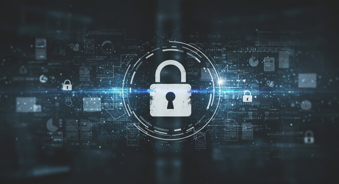 Secure your data Digital lock graphic on dark tech background with glowing light effects