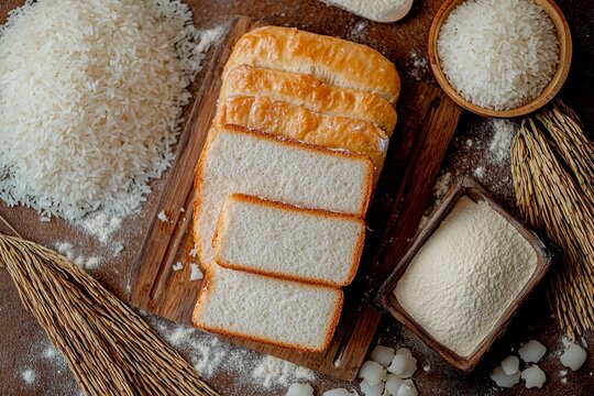 Freshly baked bread is sliced and displayed on a wooden cutting board alongside grains of white rice. Surrounding ingredients include flour and raw rice, highlighting a kitchen setting - Powered by Adobe