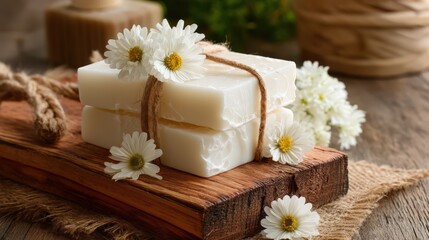 Two Aromatic Handmade Soap Bars with Daisies on Rustic Wooden Board Spa Treatment and Relaxation Concept