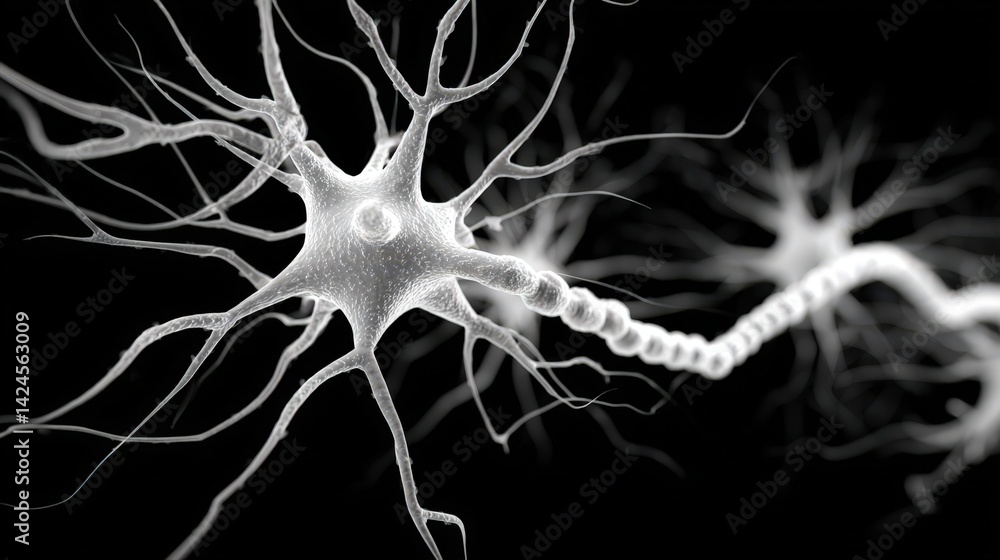 Poster microscopic view of neuron cell structure detailed network axons and dendrites in black background
