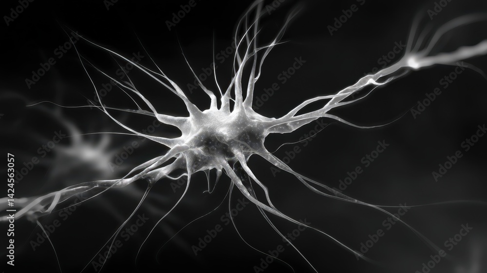 Poster microscopic view of a neuron cell intricate network its axons and dendrites extending detailed scien