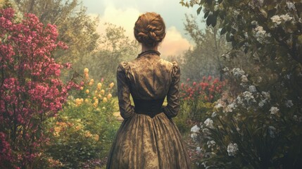 Woman in vintage Victorian era dress stands in spring time garden, back side view, created with Generative AI Technology
