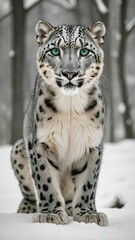 Fototapeta premium A snow leopard sitting on a snowy surface with a blurred forest in the background, featuring its distinctive spotted coat and striking green eyes.