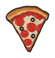 Embroidered pizza slice patch with pepperoni and olives, cut out - stock png.