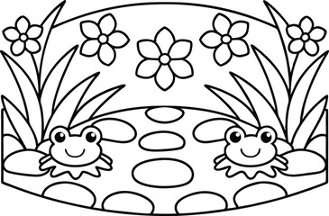 Outlined Two Frogs Sitting on a Pond with Flowers and Grass, Nature Line Art