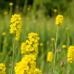 Obraz premium Bright yellow oilseed rape flowers blooming in a field, green, countryside