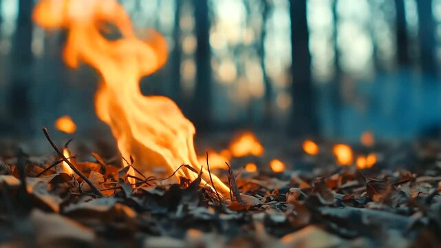 A close-up shot of fiery orange flames engulfing dry leaves and branches on the forest floor. The destructive power of wildfires is evident, urging action in fire safety and ecolog