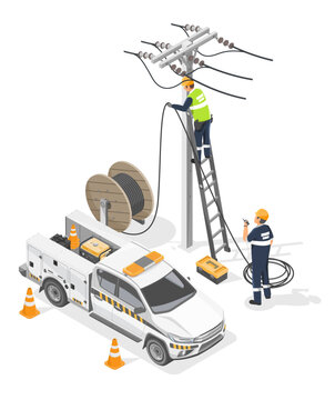 Isometric illustration of electrical line workers installing power cables on utility pole with fast service vehicle and equipment on white background isometric cartoon