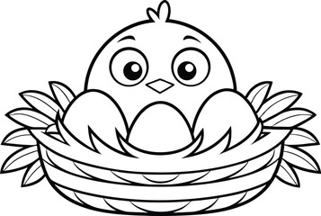 Chick In Nest Cartoon Outline, Cute Baby Bird, White Eggs, Isolated Nestling
