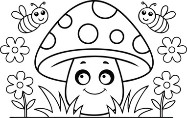 Outline Smiling Mushroom Cartoon with Bees and Flowers on a White Background