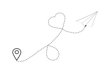 Airplane flying on a heart-shaped route &ndash; transparent vector icon with dotted path for travel, honeymoon and vacation designs