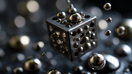 Liquid metal morphing into cube from floating droplets, suspended in mid-transformation, high-tech mood