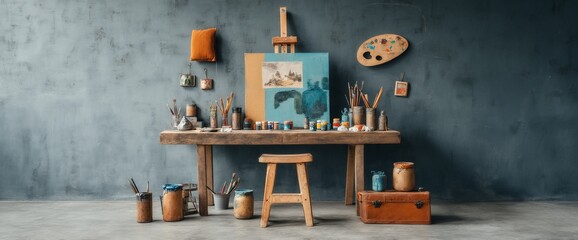 Art studio with easel, painting, paints, brushes, palette, and stool on a wooden table in a room with blue wall