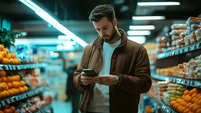 A confident man in a brown jacket stands near the produce section, holding his smartphone. Bright lights illuminate stacks of oranges and snack shelves as he engages with his mobil