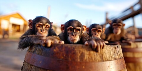 barrel of monkeys - wooden barrel filled with simian primate friends