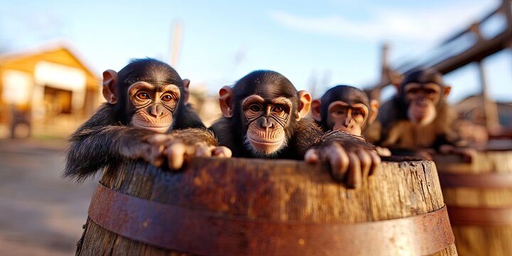 barrel of monkeys - wooden barrel filled with simian primate friends