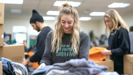 A dedicated volunteer sorts through a pile of donated clothes in a well-lit community center. She carefully folds a sweater while two others work behind her, stacking boxes and org