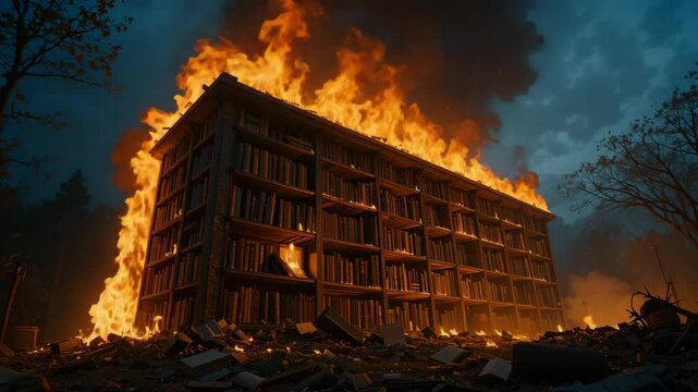 Burning Library Bookshelf in Night Fire 4K