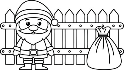 Line Art Santa Claus With Sack By Fence, Christmas Illustration, Outline Style