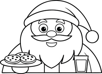 Outlined Santa Claus Holding Plate of Cookies With Glass of Milk
