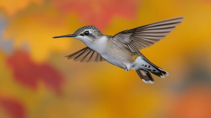 Fototapeta premium Hummingbird in flight, autumn leaves background