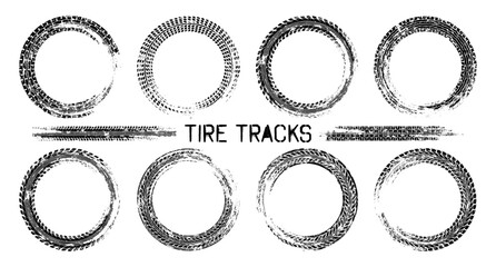 Grunge circle tire tracks, wheel braking marks. Truck, car or motorcycle tread pattern silhouettes. Auto race, motorsport, speed racing design element. Vector illustration © 32 pixels