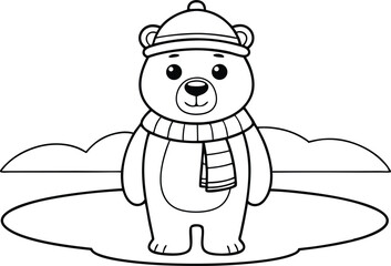 Outlined Standing Bear Cartoon With Winter Hat and Scarf on Ice Cloud