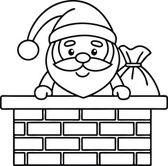 Santa Claus in Chimney Line Art with Sack of Presents Holiday Celebration Icon