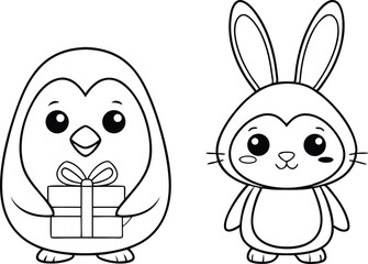 Penguin holding gift and bunny outlined on transparent background for coloring books