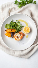 Gourmet styled dish with served shrimp and vegetables on stoneware plate