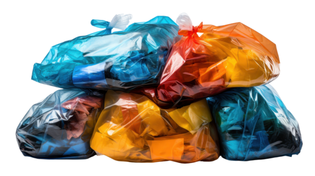 Colorful plastic garbage bags, isolated on transparent background. PNG