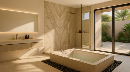Quiet Luxury Bathroom with Book-Matched Marble and Sunken Tub