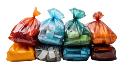 Colorful plastic garbage bags, isolated on transparent background. PNG