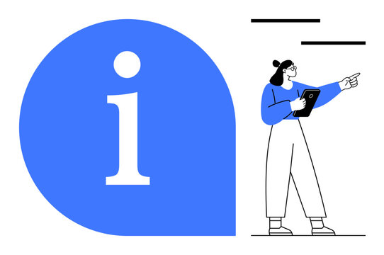 Woman holding a tablet and gesturing to provide direction near a large blue information mark. Ideal for communication, guidance, helpdesk, support, education, navigation, simple landing page