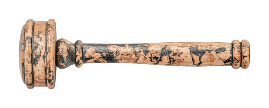 Vintage wooden judge gavel with weathered texture for legal and decorative use, cut out - stock png.