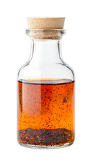 Clear glass bottle with cork lid filled with infused oil and herbs, cut out - stock png.