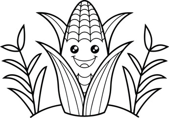 Smiling Corn Cob Character with Leaves, Black and White Line Art, Isolated