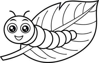 Line art of smiling caterpillar crawling on leaf on transparent background for coloring page