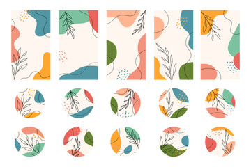 Collection of editable story templates and highlight covers. Vector illustration of organic hand drawn in pastel color. Trendy design for social media marketing