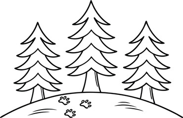 Minimalistic Coniferous Trees and Paw Prints Outlines Isolated on Transparent