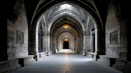 Long stone corridor with arches leading towards a bright opening in the distance